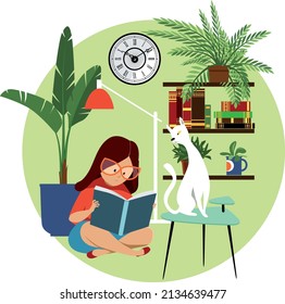 Cute little girl reading in a cozy room in a company of her cat, EPS 8 vector illustration