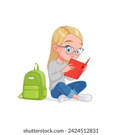 Cute little girl reading an interesting book while sitting on the floor. Cartoon vector illustration isolated on white background.