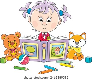 Cute little girl reading an interesting fairy tale book among her funny toys in a nursery room, vector cartoon illustration isolated on a white background