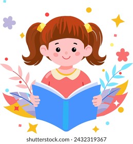 Cute little girl reading open book isolated on white sign. School learning classroom. Education kids preschool childhood. Distance Learning Online Courses student Graduation library cartoon kid banner