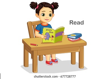 Cute little girl reading a story book vector illustration