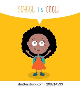 Cute little girl ready to go back to school. School is cool concept. Vector illustration