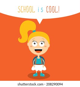 Cute little girl ready to go back to school. School is cool concept. Vector illustration
