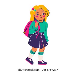 Cute little girl ready to go to school vector illustration. Female pupil with backpack isolated on white background.