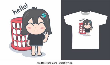 Cute little girl with red basket vector illustration t-shirt design concept.