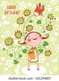 Cute Little Girl and Red Bird Birthday Card. Children illustration. Template design can be used for packaging,invitations, birthday decoration, bag template, print for mag cup or plate and etc.