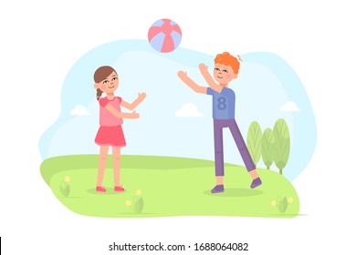 Cute little girl and red boy playing a ball. Flat vector illustration.