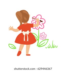 Cute little girl in red dress painting flowers on a white wall. Colorful character vector Illustration
