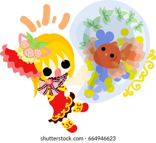 A cute little girl in a red dress and a goldfish bow