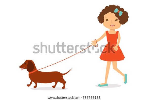 赤いドレスを着たかわいい女の子で ダックスカンドの犬と巻き毛 ベクターイラスト のベクター画像素材 ロイヤリティフリー