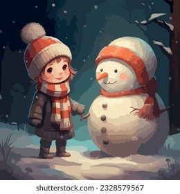 Cute little girl in a red hat with a smiling snowman in an evening winter forest
