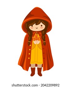 Pequeña niña de color rojo en impermeable con capucha sosteniendo hojas de arce caídas. Ilustración vectorial plana. Niña divertida kawaii en bosque, bosque otoñal, niño. Caricatura aislada dibujada a mano.