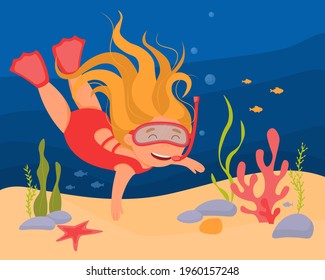 A cute little girl in a red swimsuit and a snorkeling mask swims in the ocean. The red-haired girl swims underwater. Vector illustration of the sea world and diving.