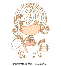 Cute little girl ride a horse, outdoors. Vector illustration, character design