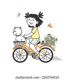 A cute little girl rides a bike with her dog. A child with flowers on a walk, a pet, butterflies. Spring illustration linear flat style doodle