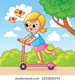 Niña linda monta una moto en un parque de verano. Ilustración vectorial con un niño caminando al estilo de las caricaturas.
