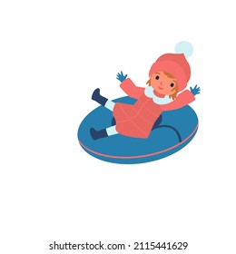 A cute little girl rides from a snowy slope on a snow tubing. Go down the mountain on a snow sled. Active recreation in winter. Flat vector cartoon illustration.