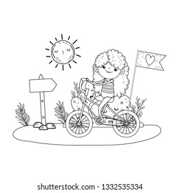 cute little girl riding bicycle in the landscape