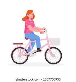Cute Little Girl Riding A Bicycle Flat Cartoon Illustration