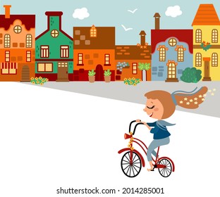 Cute little girl riding a bike on a town street. Old european houses as background. Happy lifestyle and outdoor activities concept. Vector illustration for kids, could be used for banner, poster, etc