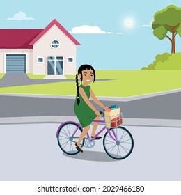 Cute little girl riding bike, summer outdoor activity in cartoon style on white background