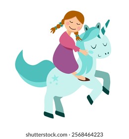 Cute little girl riding a blue unicorn.  Fairy tale unicorn in flat style. Vector illustration isolated for greeting card, poster, print, textile, children books, wallpaper