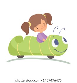 Cute Little Girl Riding Caterpillar Car, Happy Kid Having Fun in Amusement Park Vector Illustration