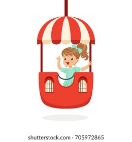 Cute little girl riding a colorful carousel, kid have a fun in amusement park cartoon vector Illustration