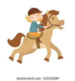 Cute little girl riding a horse. Vector illustration