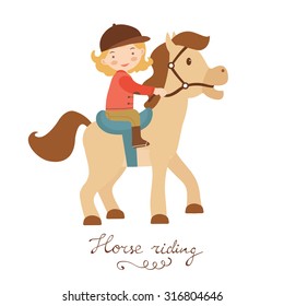 Cute little girl riding a horse. Vector illustration