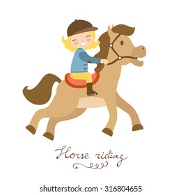 Cute little girl riding a horse. Vector illustration