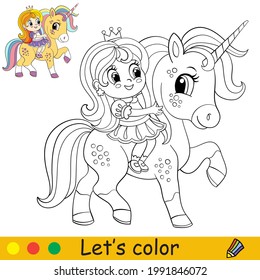 Cute little girl riding a magical unicorn. Coloring book page with colorful template for kids. Vector isolated illustration. For coloring book, print, game, party, design