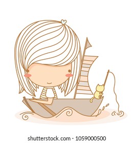 Cute little girl riding on  boat with cat, outdoors. Vector illustration, character design