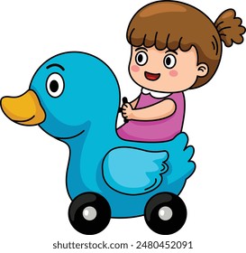 Cute little girl riding on toy duck