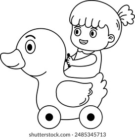 Cute little girl riding on toy duck