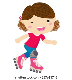 Cute little girl riding roller skates