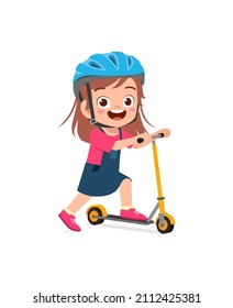 cute little girl riding scooter and wear helmet