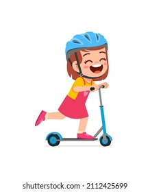 cute little girl riding scooter and wear helmet