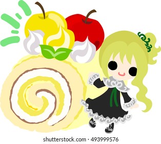 A cute little girl and the roll cake of the apple