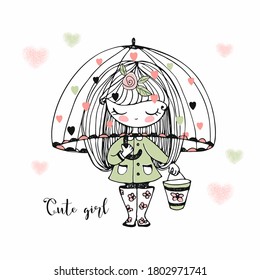 A cute little girl in rubber boots walks through puddles under an umbrella. Vector.