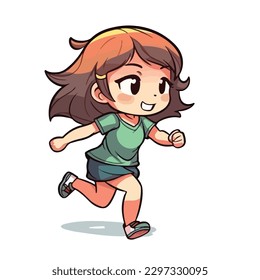 Cute little girl run and happy cartoon flat character vector illustration