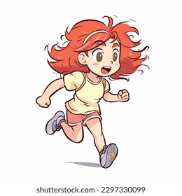Cute little girl run and happy cartoon flat character vector illustration