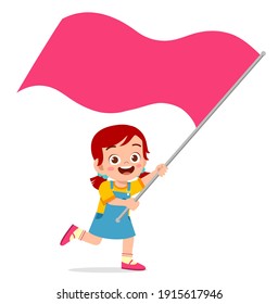 cute little girl run and holding flag