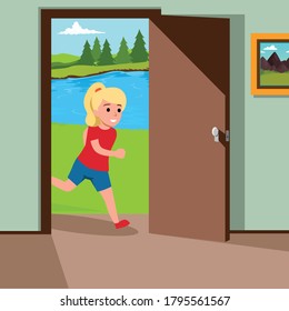 cute little girl running inside the house