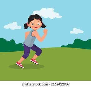 Cute little girl running jogging on the park on summertime 