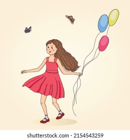Cute little girl runs with a balloon. A child with fair skin has fun on a summer walk. Inspirational design for happy childhood, celebration, holidays.