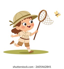 Cute little girl in safari costume with butterfly net vector Illustration Flat vector illustration in a simple children's style.