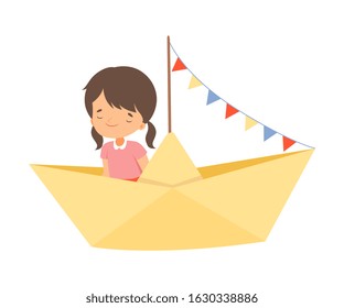 Cute Little Girl Sailing on an Yellow Paper Boat with Colorful Flags Vector Illustration