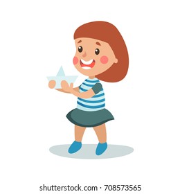 Cute little girl in sailors costume playing with paper boat, kid dreaming of becoming a sailor vector Illustration