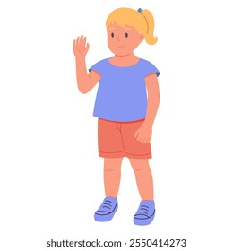 Linda niña saluda con su hermana pequeña. Los escolares se saludan y se saludan. Vector lindo de la ilustración de la muchacha del niño aislado en blanco